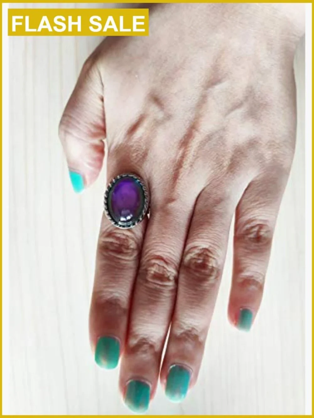 2 PCS Adjustable Mood Ring Set Oval Stone Band Ring One Size Fits All